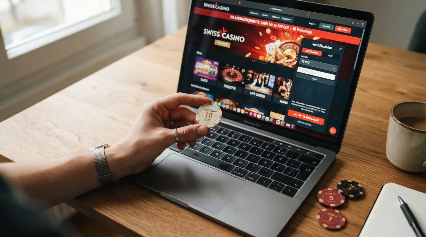 Eine Hand hält eine Schweizer 10-Franken-Note vor einem Laptop mit geöffneter Casino-Startseite und Bonus-Banner