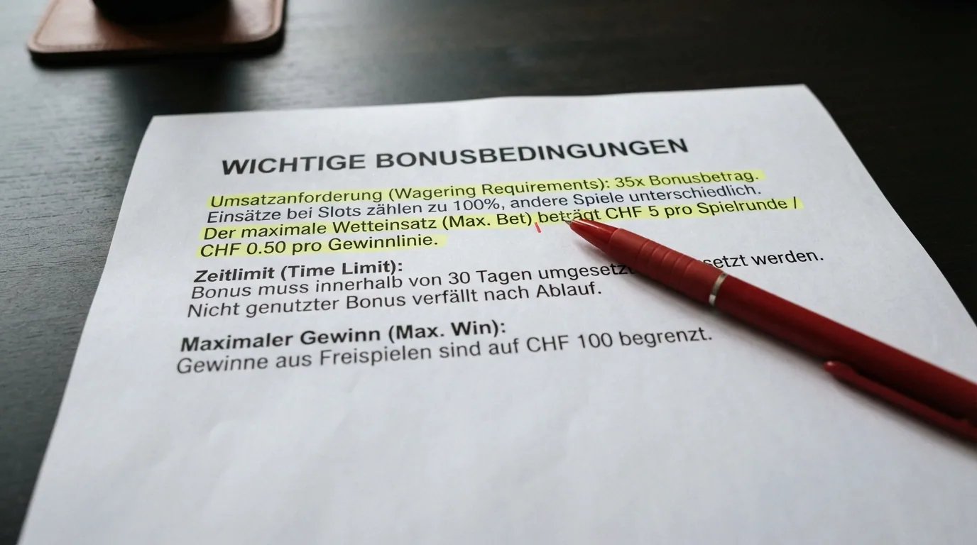 Nahaufnahme eines Bonusbedingungen-Dokuments mit Markierungen an Umsatz und Frist