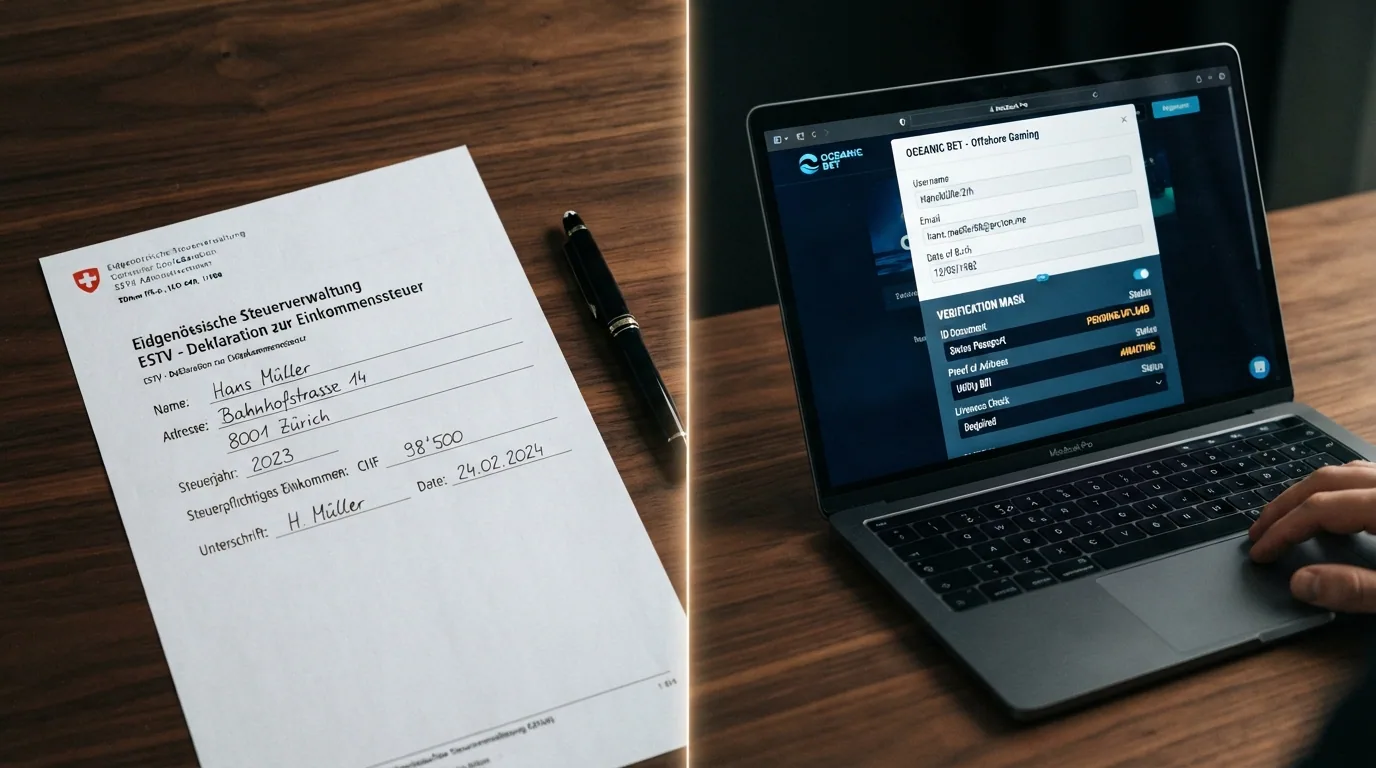 Geteiltes Bild: links Schweizer Steuerformular, rechts Casino-Registrierung mit KYC-Maske