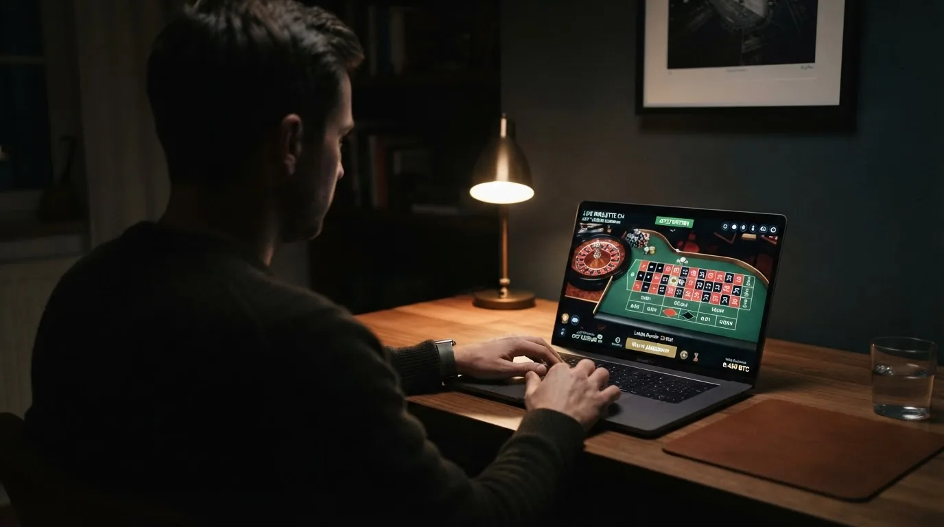 Stilisierte Darstellung einer Person vor einem Bildschirm, ihr Gesicht im Schatten, auf dem Monitor leuchten Bitcoin-Symbole
