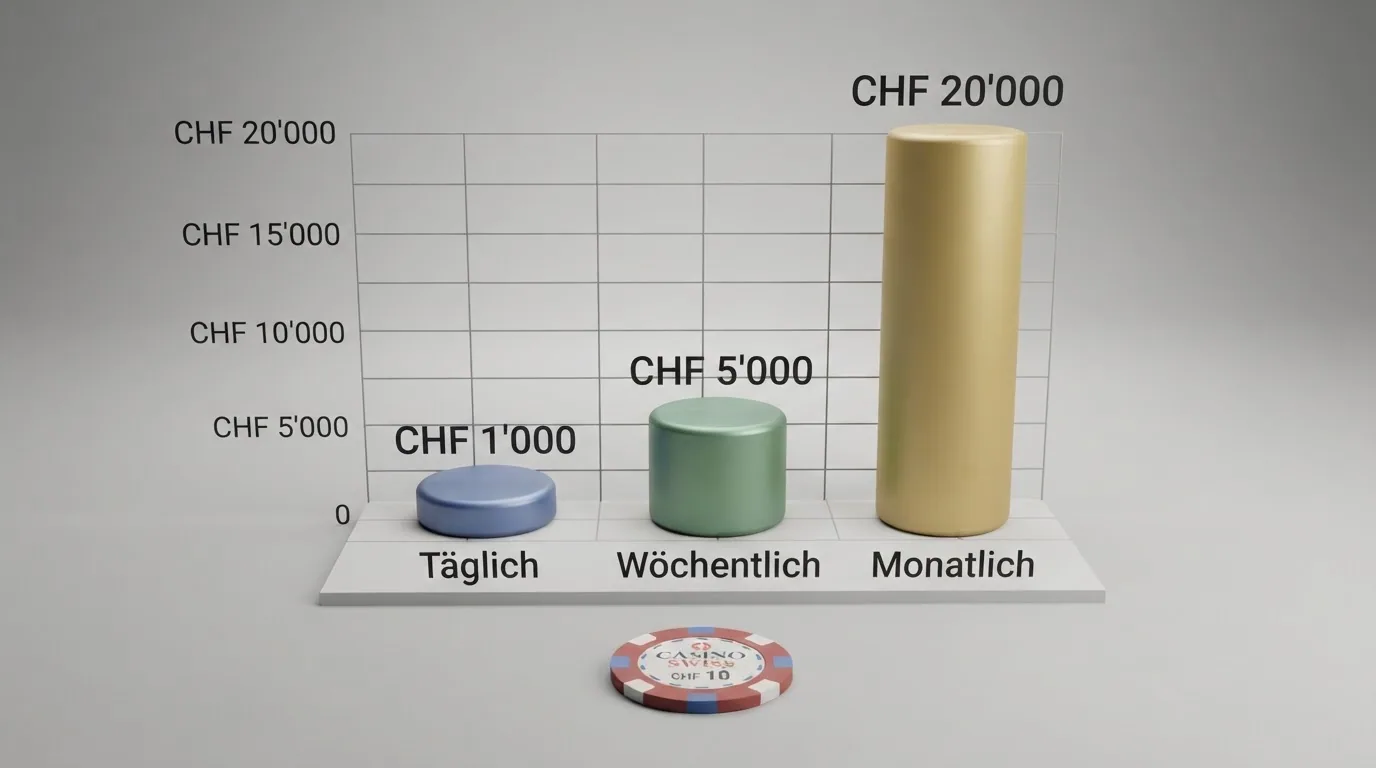 Grafische Darstellung der drei Auszahlungslimit-Skalen täglich, wöchentlich und monatlich mit Beispielbeträgen