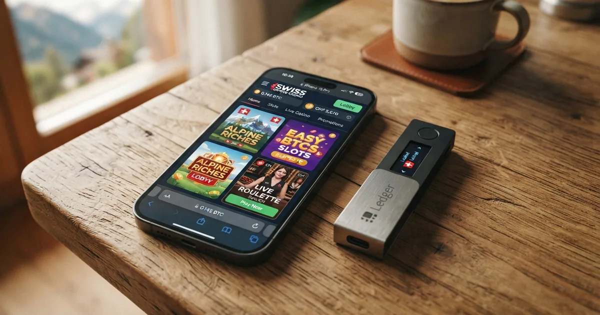 Smartphone mit Bitcoin-Casino-Startseite, daneben eine Hardware-Wallet, auf einem Holztisch