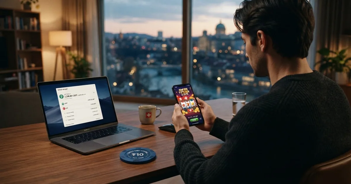 Ein Smartphone mit geöffneter Casino-App und einer Krypto-Wallet, daneben das Tether-Logo auf einem Bildschirm