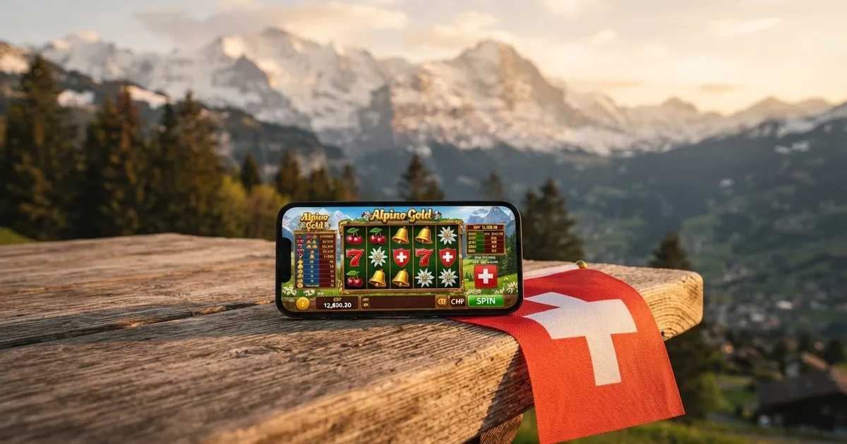 Schweizer Flagge und Smartphone mit Casino-Oberflaeche vor Schweizer Alpenkulisse