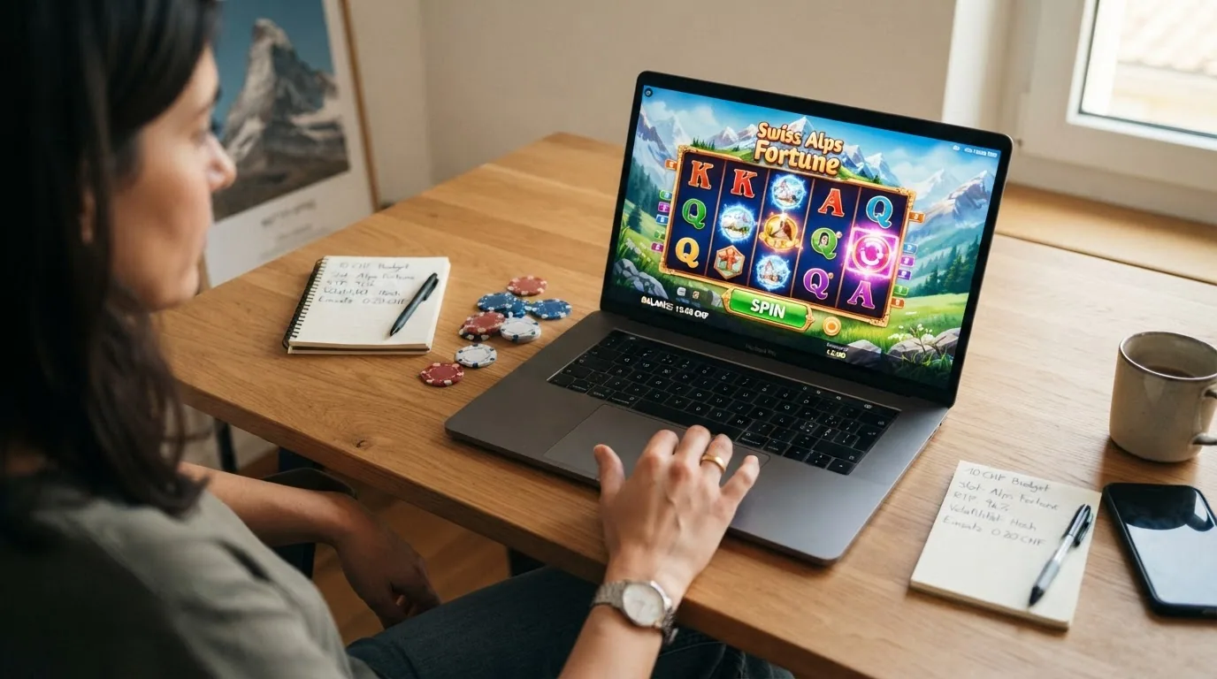 Bildschirm mit Spielautomat, darauf Einsatzbetrag 0,10 CHF pro Spin und die RTP-Angabe 96 % sichtbar