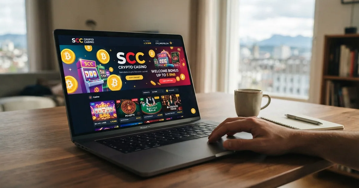 Ein Laptop-Bildschirm zeigt eine Krypto-Casino-Startseite mit dem BNB-Logo und einer Einzahlungsaufforderung in Kryptowährungen.