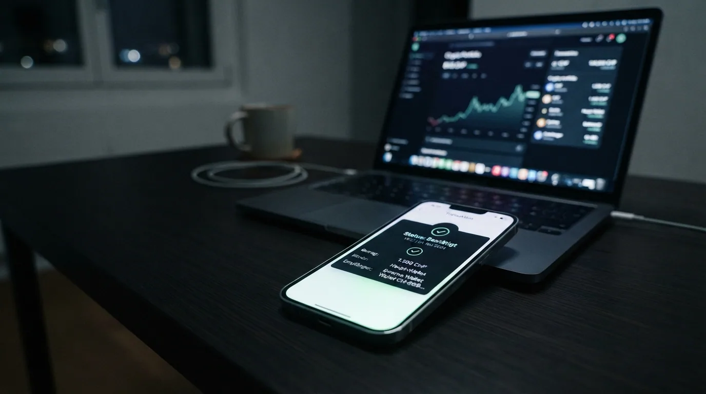 Nahaufnahme einer Bitcoin-Transaktion auf einem Bildschirm, der Bestätigungsstatus springt von «Pending» auf «Confirmed»