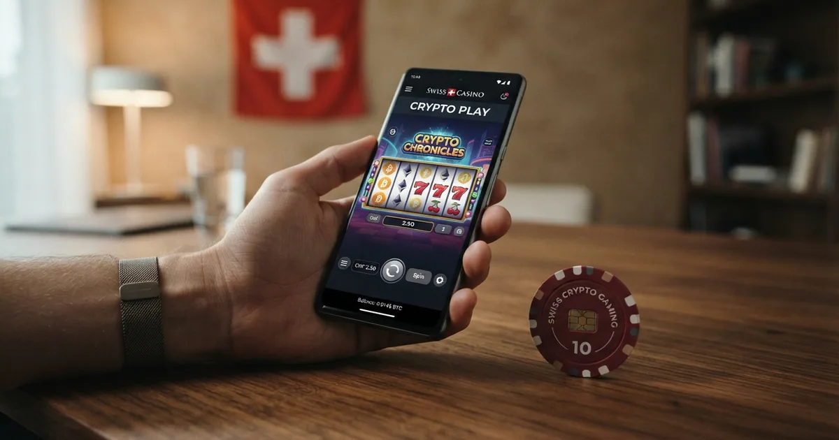 Eine Collage aus Bitcoin-Cash-Logo, Casino-Chips und einer Schweizer Flagge vor einem Bildschirm mit Casino-Oberfläche