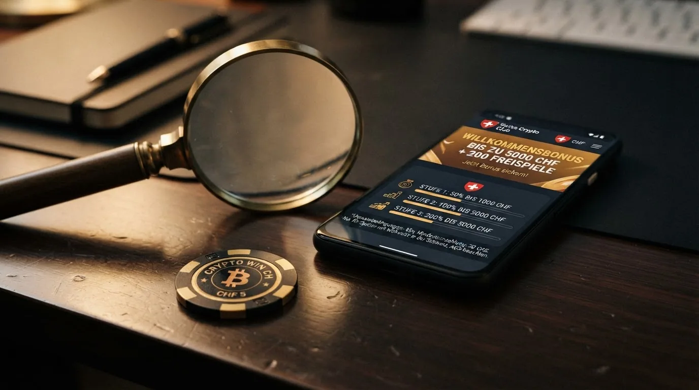 Glänzende Bitcoin-Münzen mit einem auffälligen «Willkommensbonus»-Banner, daneben kleingedruckte Bonusbedingungen mit Lupe