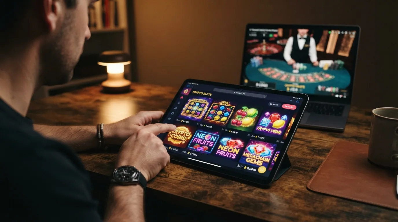 Bunte Slot-Walzen mit Bitcoin-Symbolen auf einem Tablet-Bildschirm, im Hintergrund ein Live-Dealer-Stream