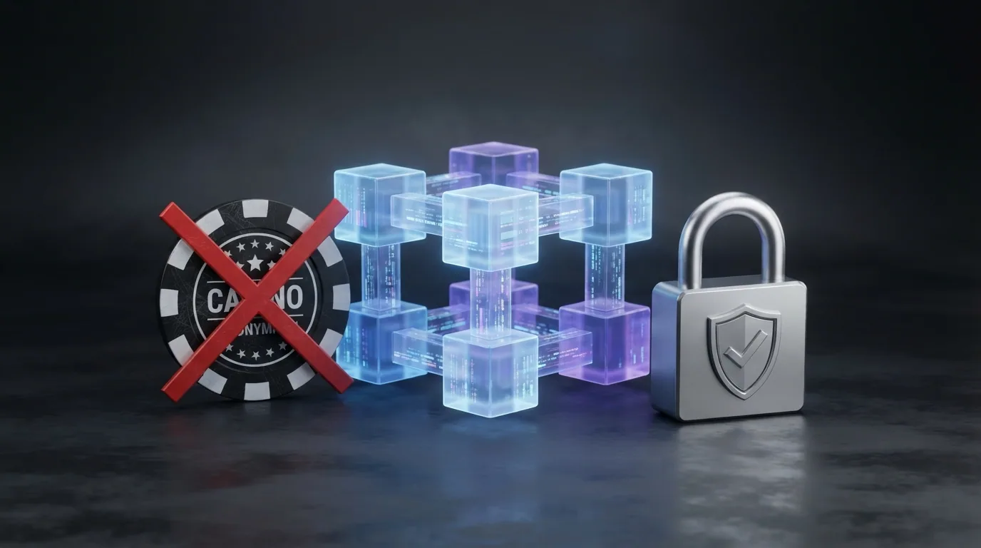 Eine stilisierte Blockchain mit Schloss-Symbol und einer durchgestrichenen Maske — Technik und Privatsphäre im Kontrast.