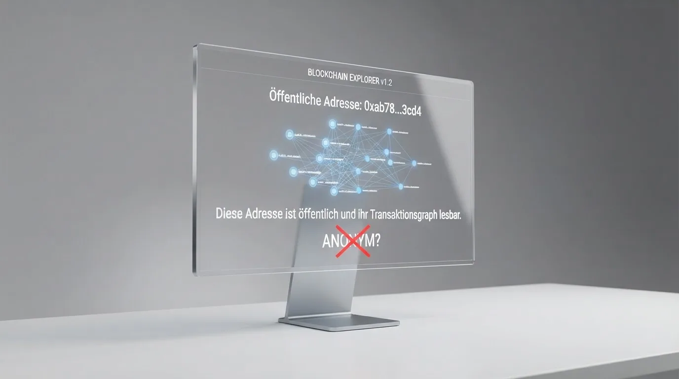 Ethereum-Adresse auf Blockchain-Explorer mit hervorgehobenem Transaktionsgraph, darunter das Wort «anonym?» durchgestrichen