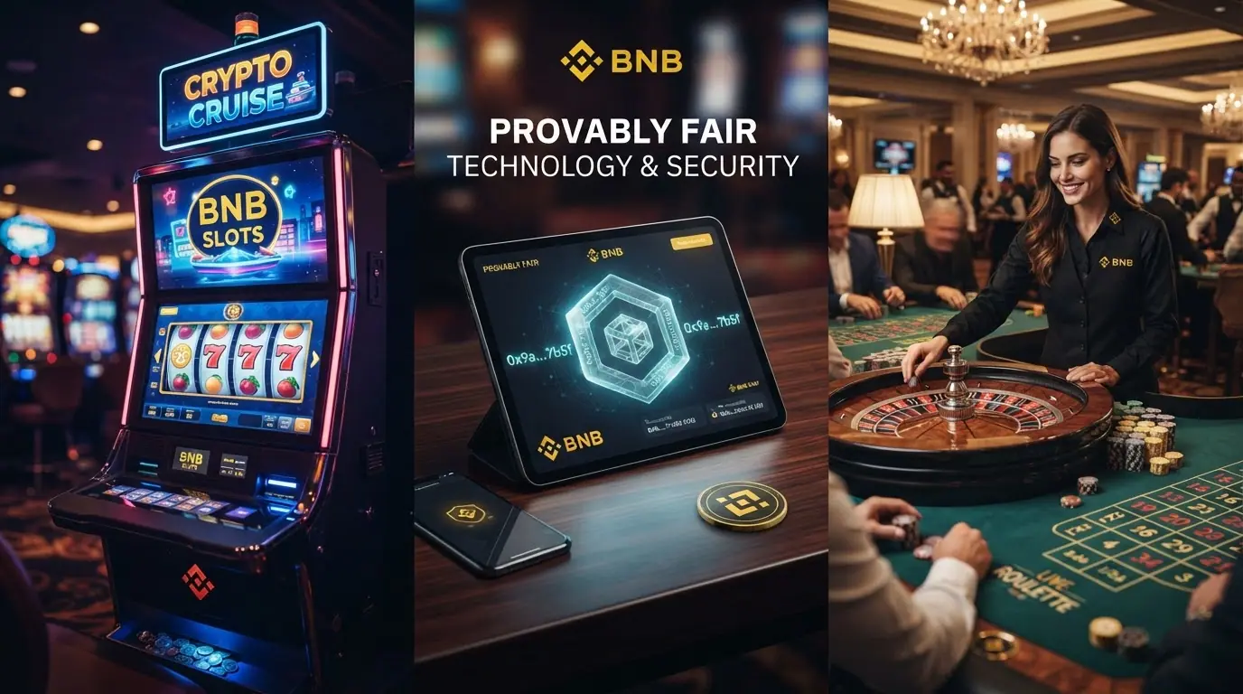 Eine Collage: bunter Spielautomat mit Früchtesymbolen links, Live-Roulette-Tisch mit Dealer rechts, dazwischen ein Blockchain-Hash-Symbol.