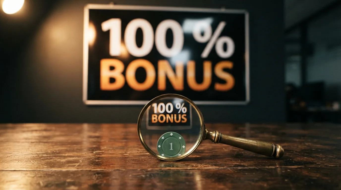 Ein übergross dargestellter «100 % Bonus»-Schriftzug, der unter einer Lupe auf einen kleinen 5-Euro-Schein zusammenschrumpft