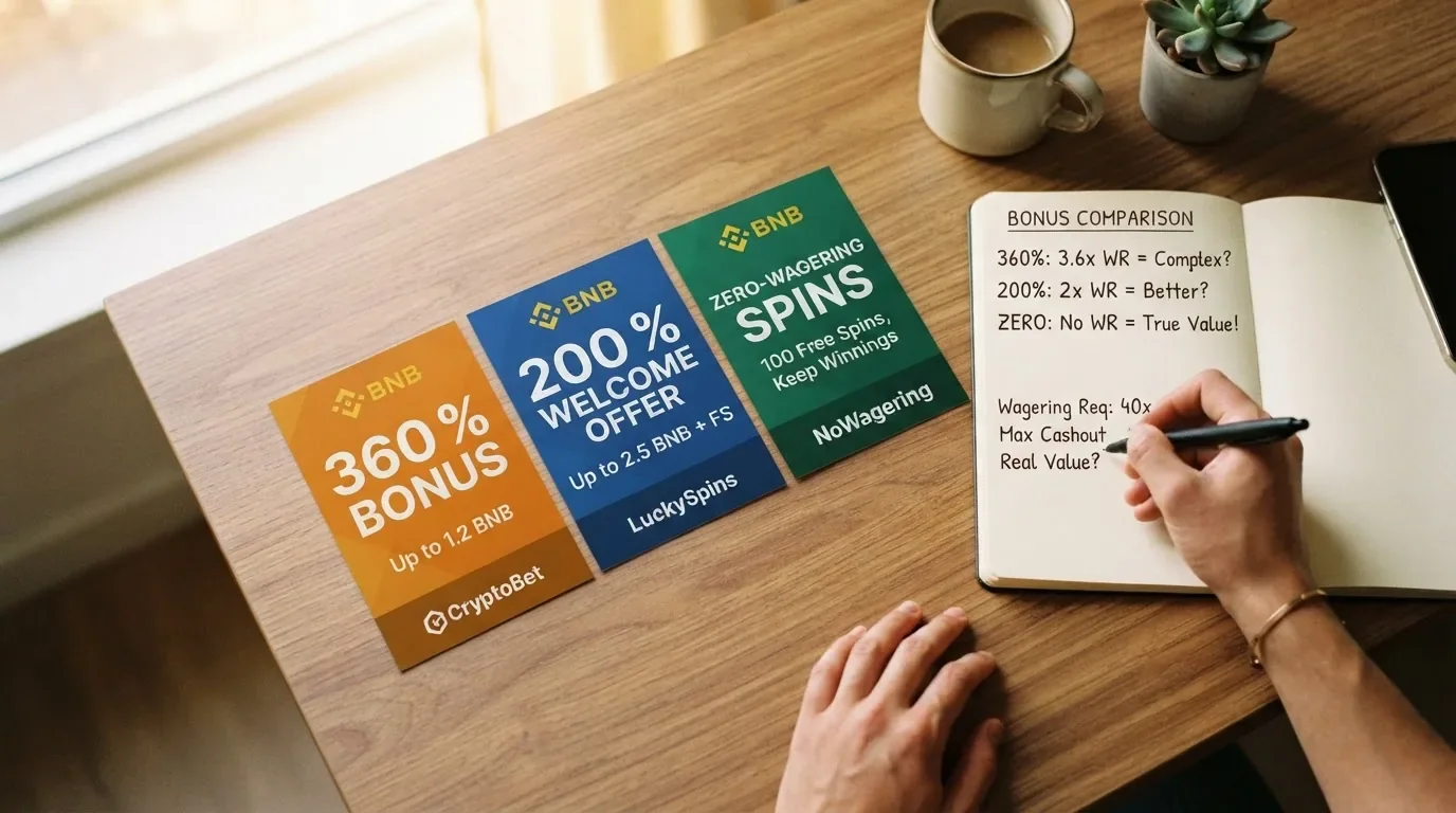 Drei verschiedene Willkommensbonus-Banner nebeneinander: «360 %», «200 %» und «Zero-Wagering» — mit einem Taschenrechner im Vordergrund.