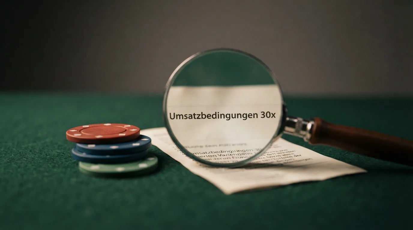 Ein Stapel Casino-Chips neben einer Lupe, die auf das Kleingedruckte «Umsatzbedingungen 30x» gerichtet ist