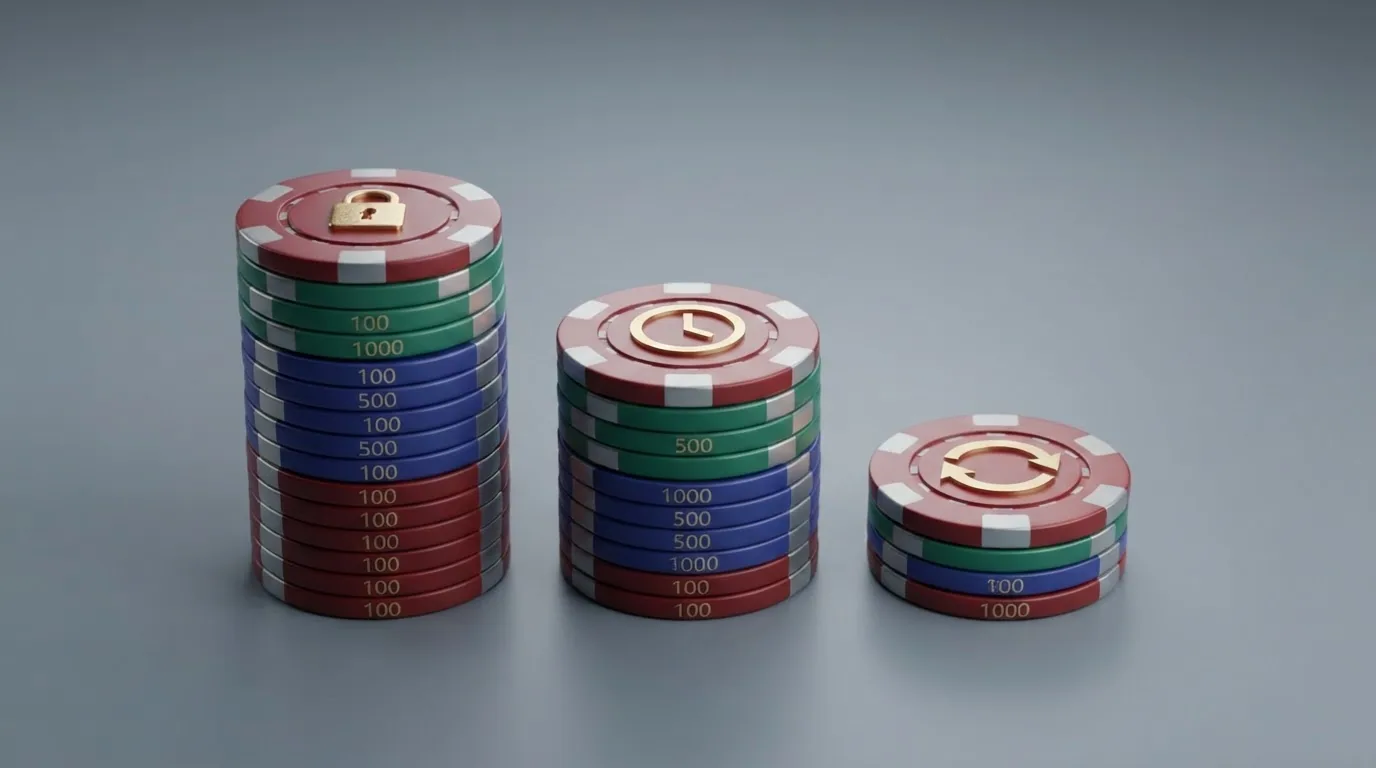 Drei nebeneinander angeordnete Stapel von Spielchips: ein hoher Stapel mit einem Schloss-Symbol (Match-Bonus mit Umsatzbedingung), ein mittlerer mit Uhren-Symbol (Zero-Wager über 30 Tage), ein kleiner mit Kreislauf-Pfeil (Rakeback)