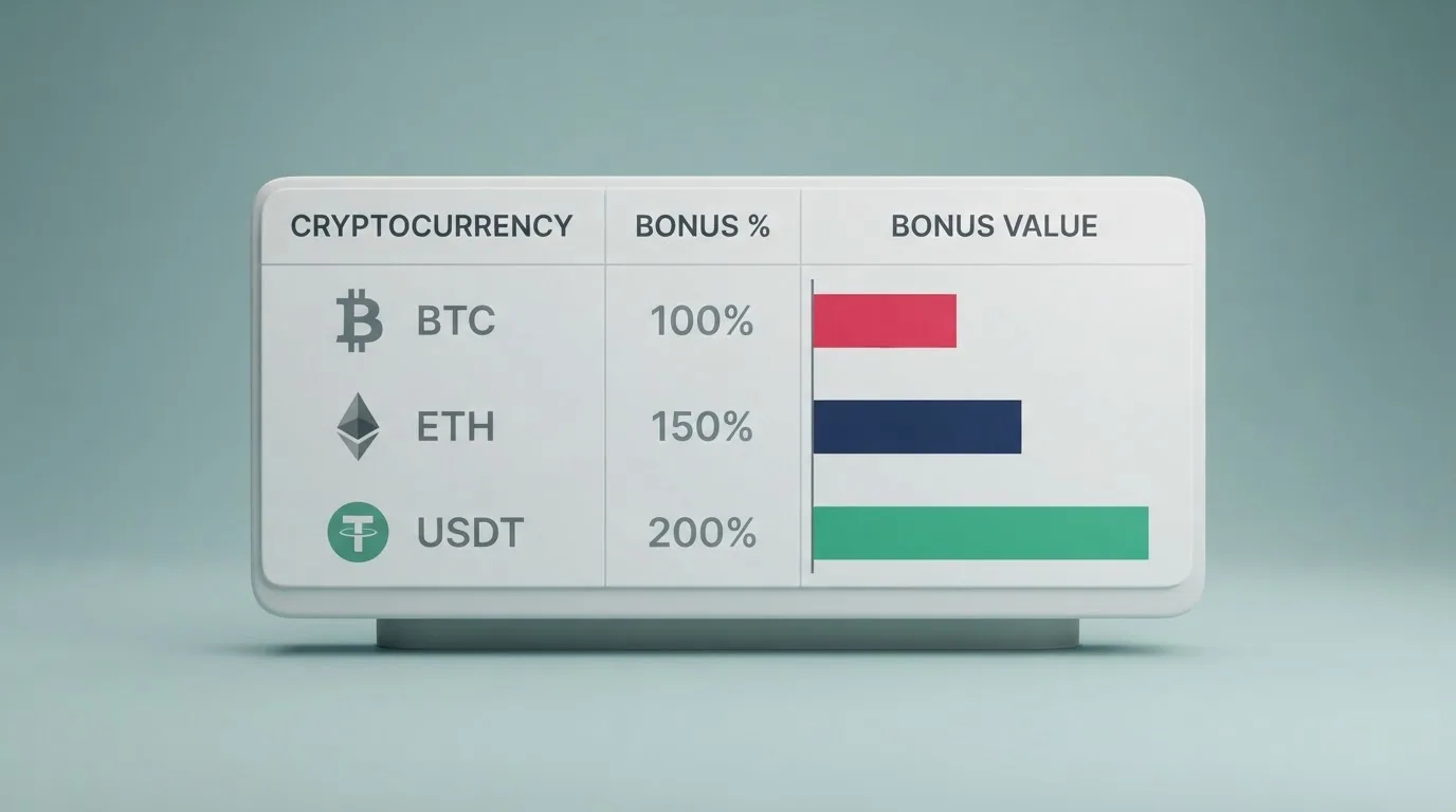 Eine Vergleichstabelle mit Kryptowährungs-Logos und Prozentzeichen, die unterschiedliche Bonus-Höhen visualisiert