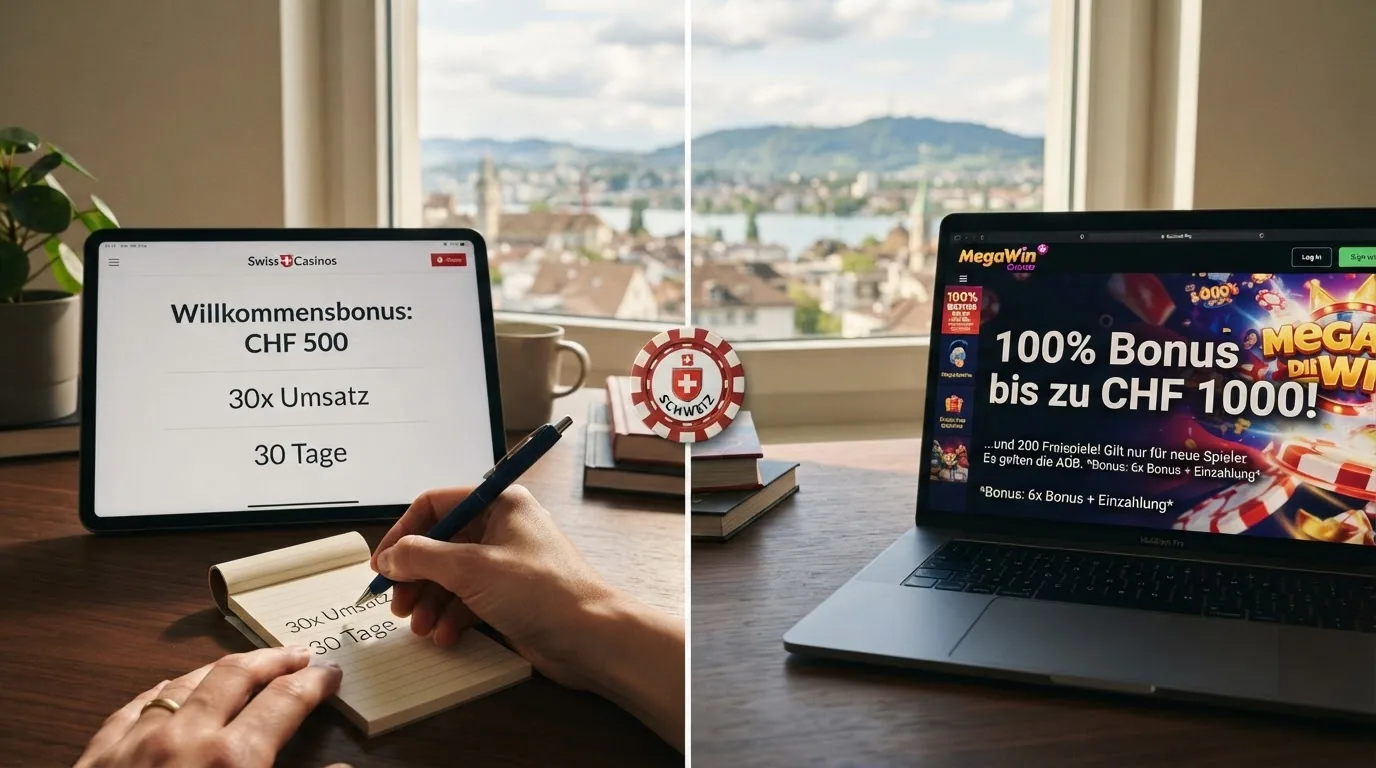 Zwei Bonus-Angebote im Split-Screen-Vergleich: links ein ESBK-Bonus mit sichtbarem Kleingedruckten (30x, 30 Tage), rechts ein Offshore-Bonus mit höherem Betrag aber fehlender AGB-Transparenz