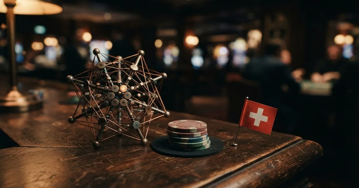 Eine Collage aus Cardano-Logo, Casino-Chips und Schweizer Flagge vor dunklem Hintergrund