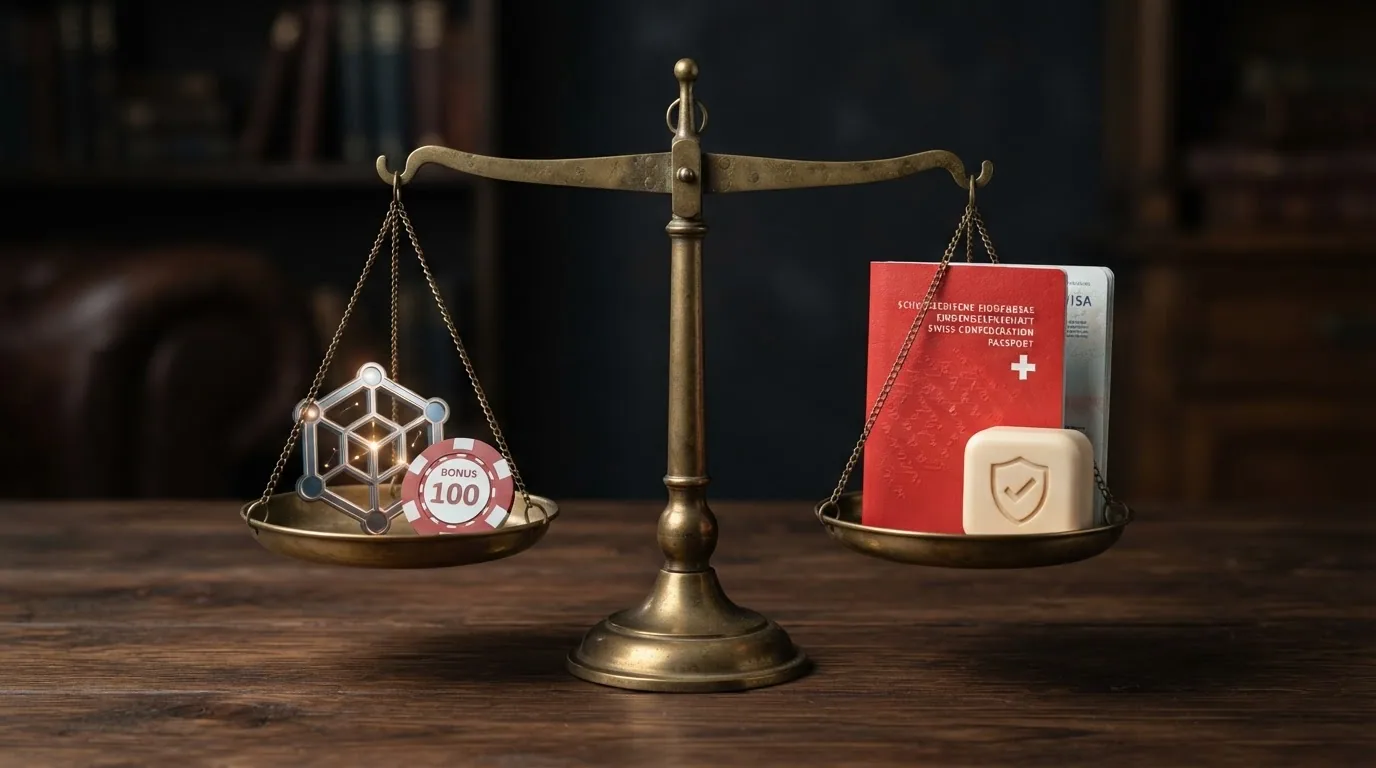 Waage: linke Schale mit Cardano-Logo und Bonus-Chip, rechte Schale mit Schweizer Pass und Konsumentenschutz-Symbol