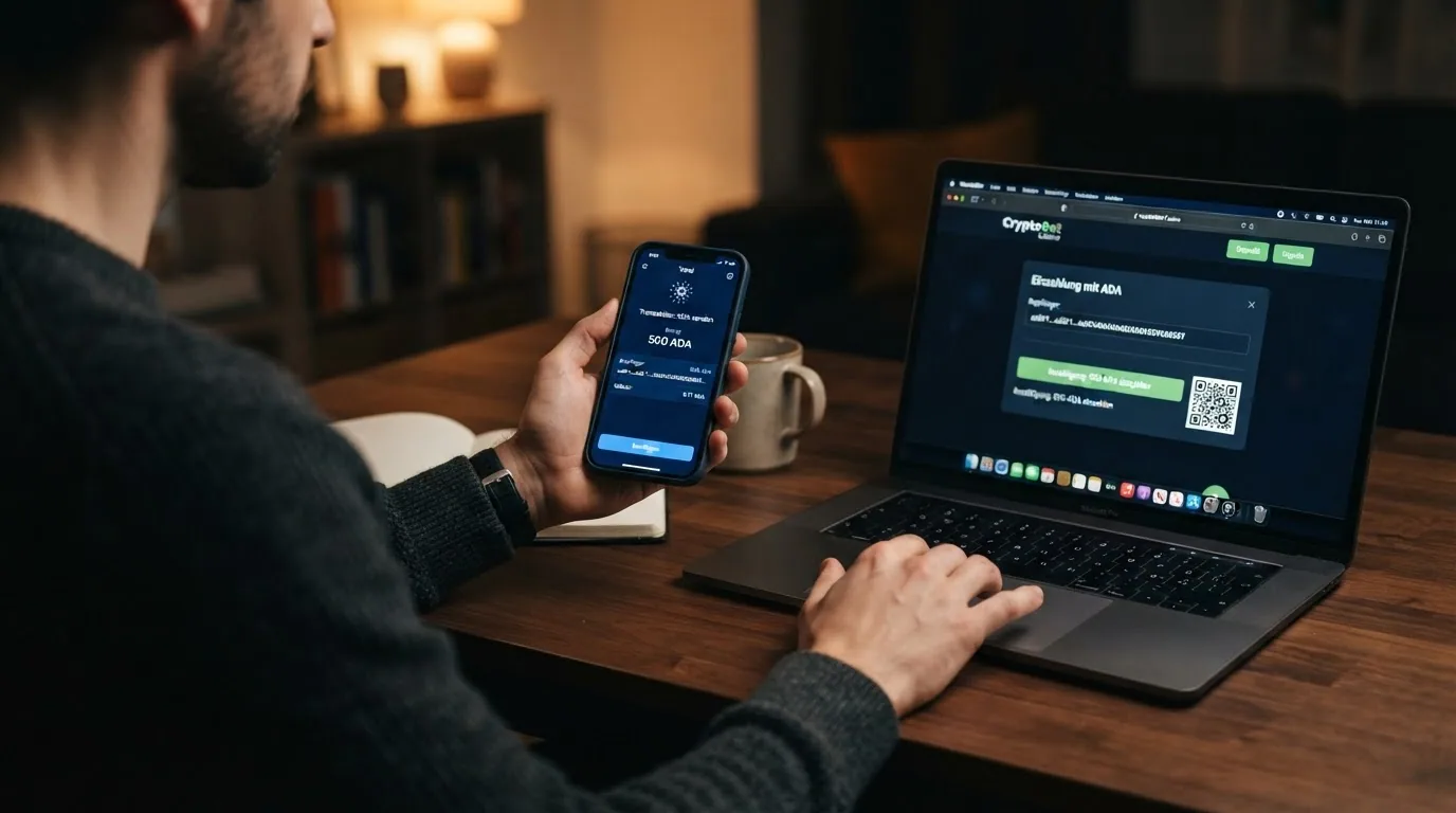 Wallet-Interface mit ADA-Transaktion und Casino-Guthaben-Seite nebeneinander