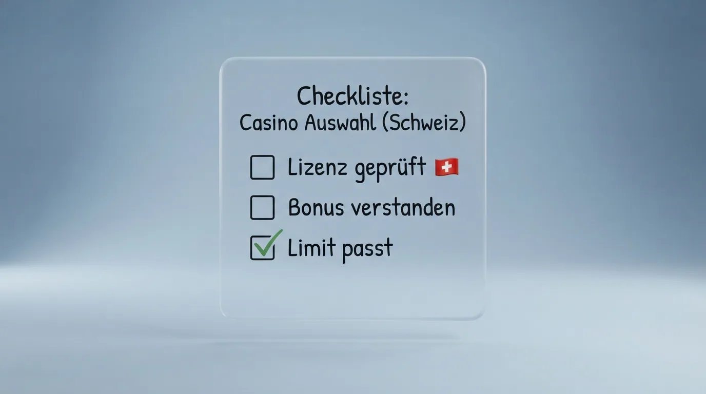 Eine grafische Checkliste mit drei leeren Kästchen und handschriftlich wirkenden Stichworten: «Lizenz geprüft», «Bonus verstanden», «Limit passt» — das dritte Kästchen ist angekreuzt