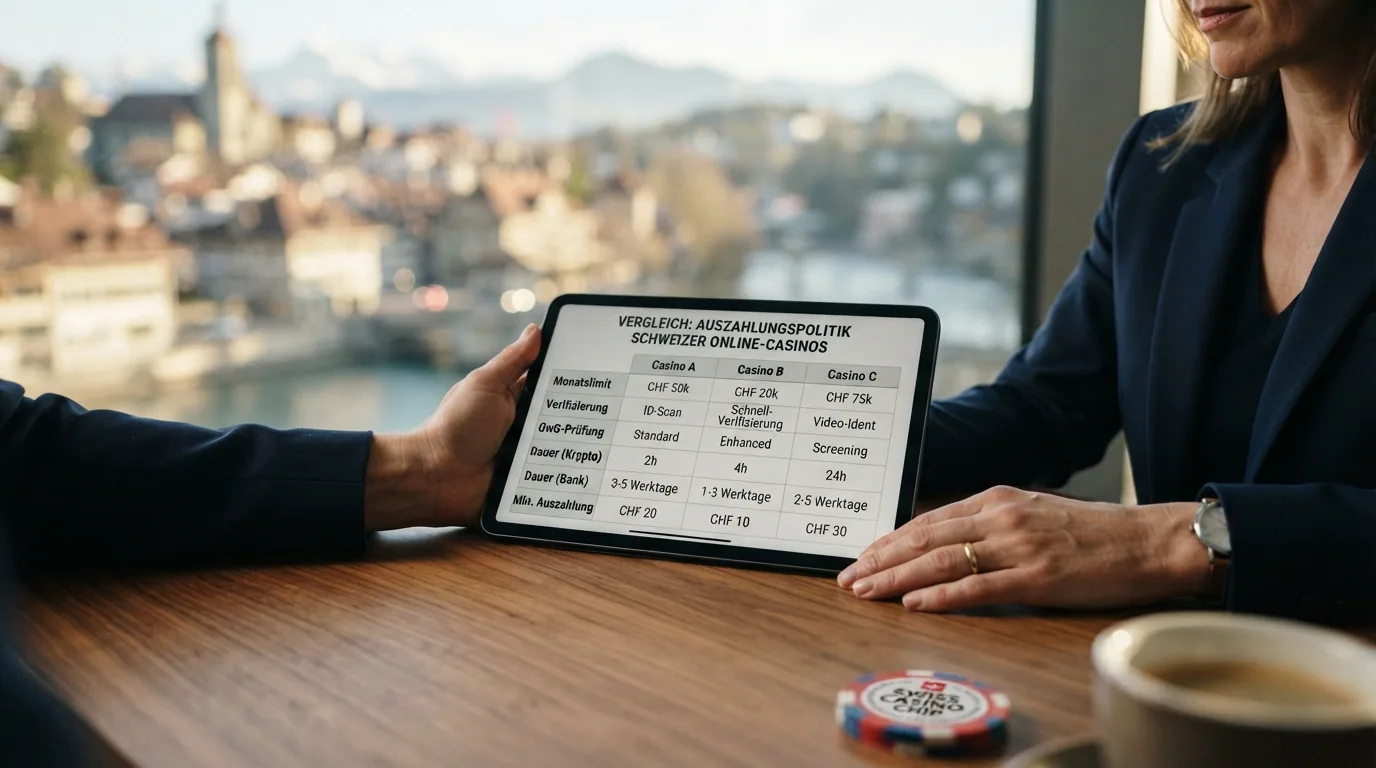 Vergleichstabelle der zehn lizenzierten Schweizer Online-Casinos mit Spalten zu Lizenz, Bonus und Auszahlungslimit