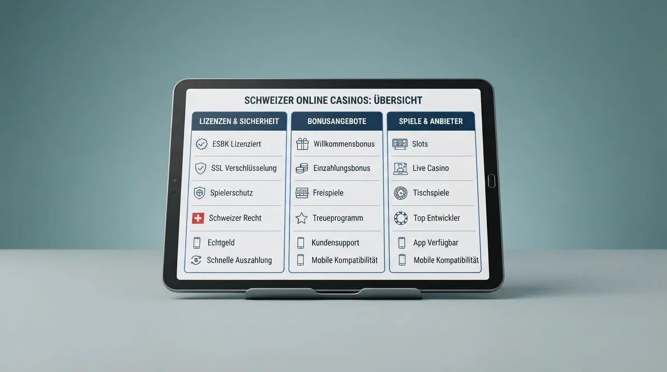 Eine Übersichtstabelle auf einem Bildschirm mit den Logos der zehn lizenzierten Schweizer Online-Casinos