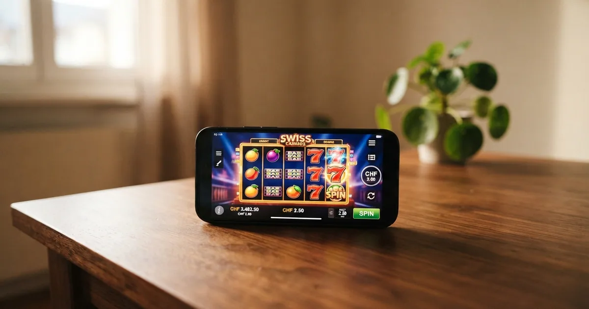 Verschiedene Schweizer Franken-Münzen und -Noten neben einem Smartphone mit Casino-Oberfläche
