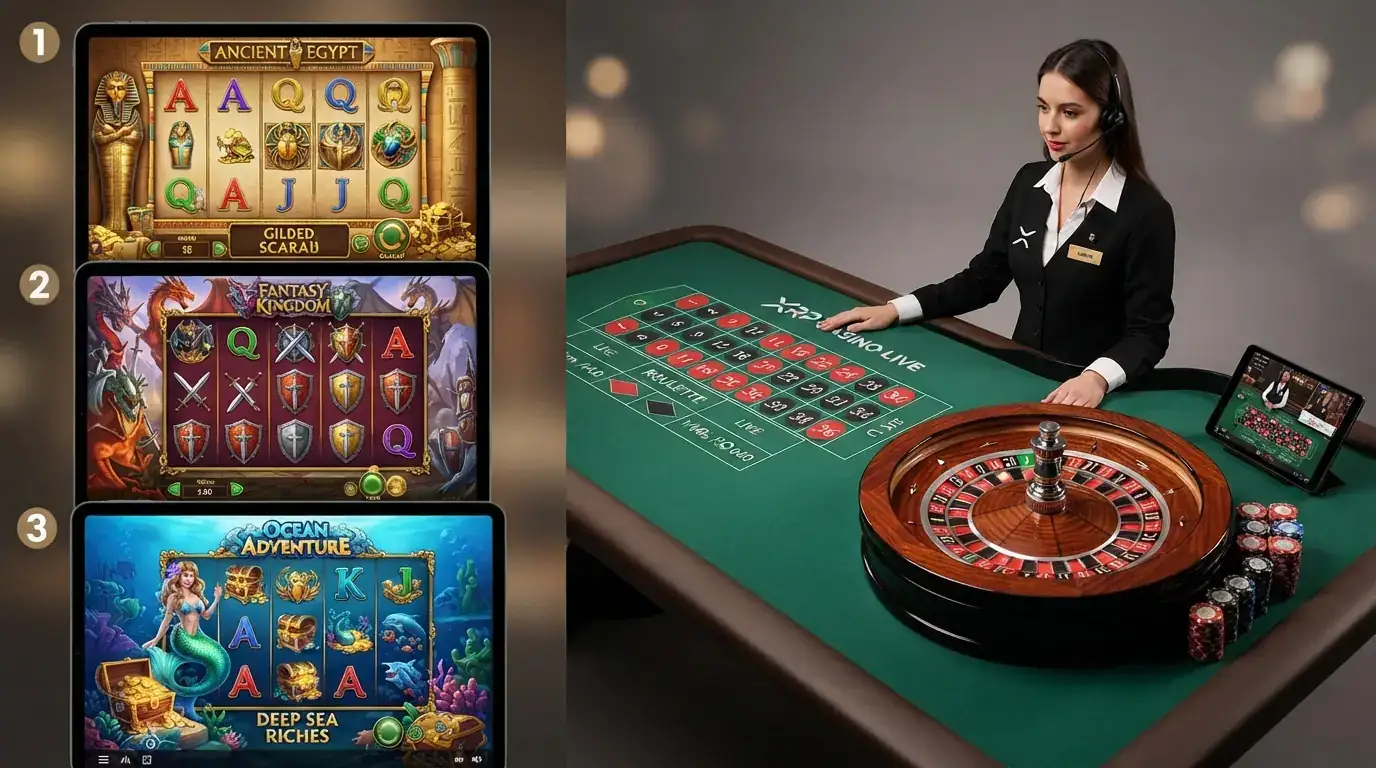 Eine Collage aus Slot-Screenshots (Book of Dead, Gates of Olympus, Sweet Bonanza) und einem Live-Dealer-Tisch mit Roulette-Rad