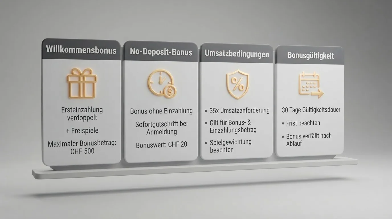 Übersichtliche Vergleichstabelle der zehn Schweizer Casinos mit farblich hervorgehobenen Bonus-Spalten