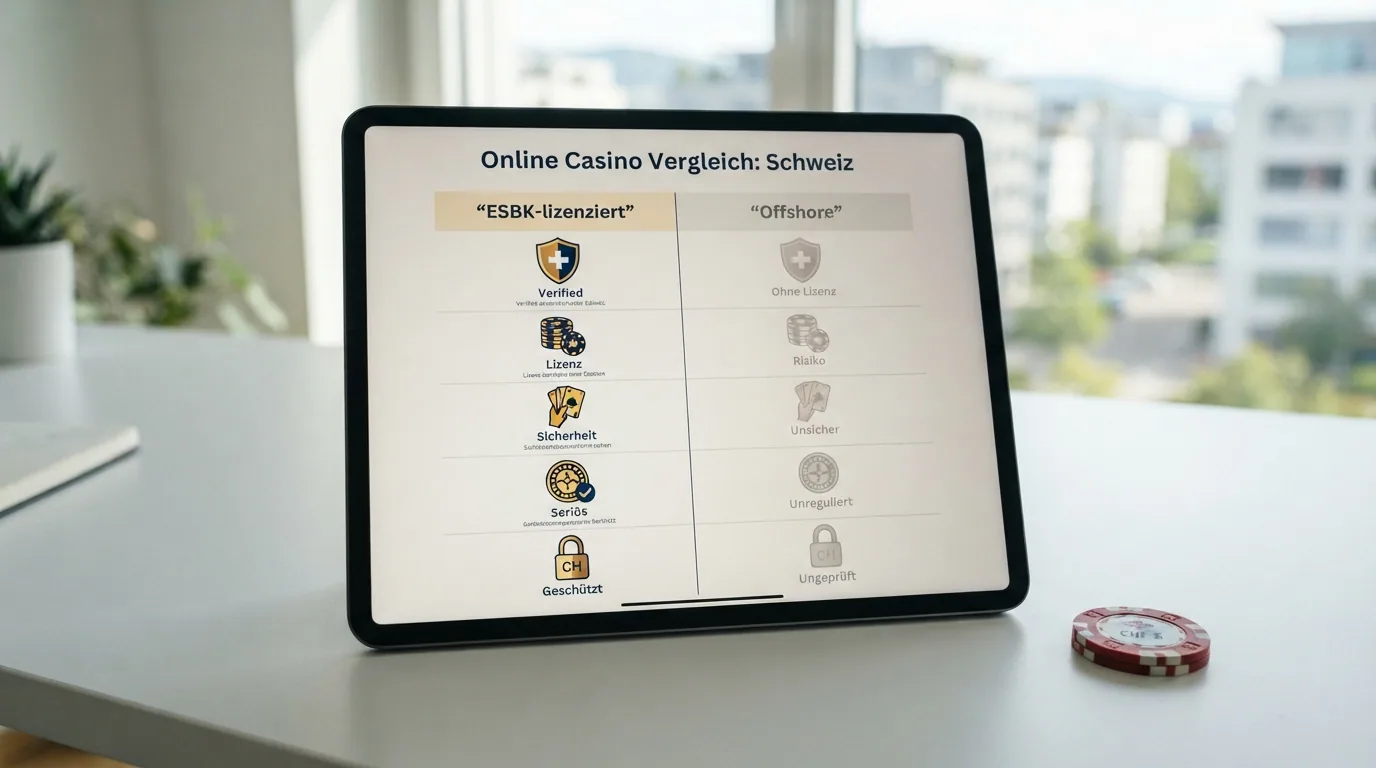 Eine tabellarische Übersicht auf einem Bildschirm mit den Logos der zehn besprochenen Betreiber, sortiert in zwei Spalten: ESBK-lizenziert und Offshore