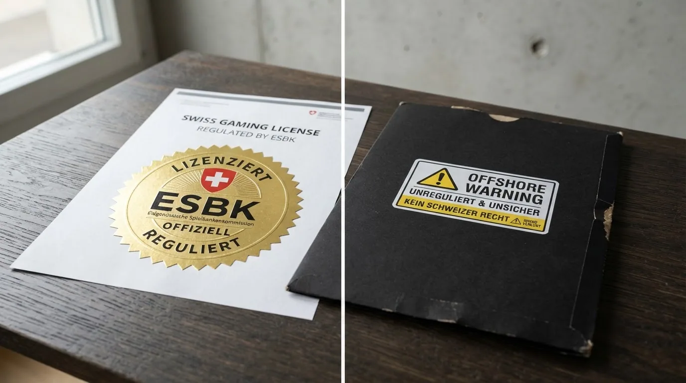 Eine Gegenüberstellung mit Schweizer Lizenzsiegel auf der einen und einem «Offshore»-Warnhinweis auf der anderen Seite