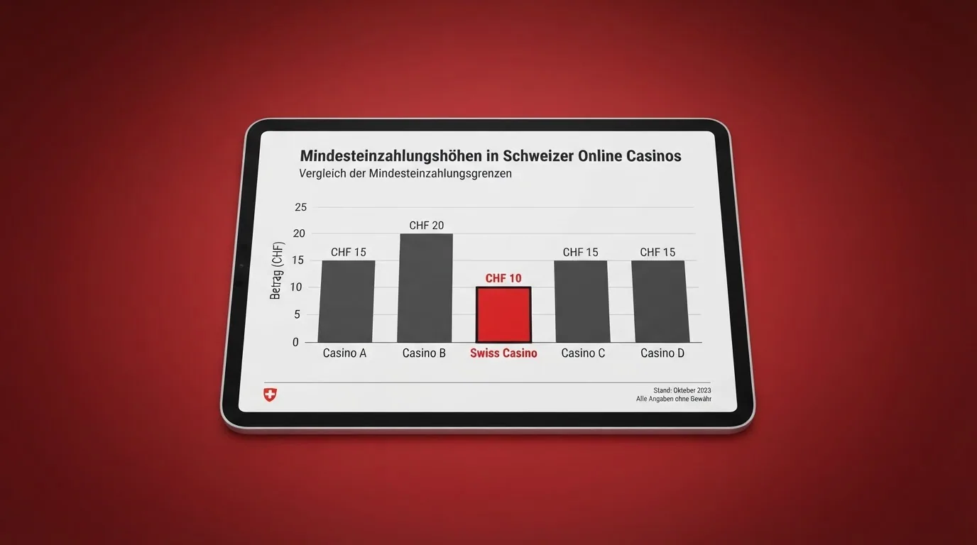 Vergleichstabelle von zehn Online Casinos auf einem Bildschirm mit hervorgehobener CHF-10-Spalte
