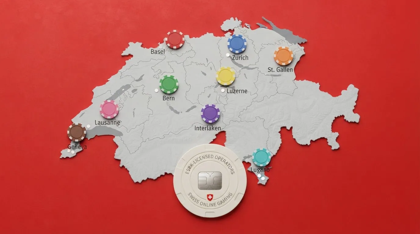 Eine Übersichtskarte der Schweiz mit den Standorten der 9 lizenzierten Online-Casinos und ihren Stammspielbanken