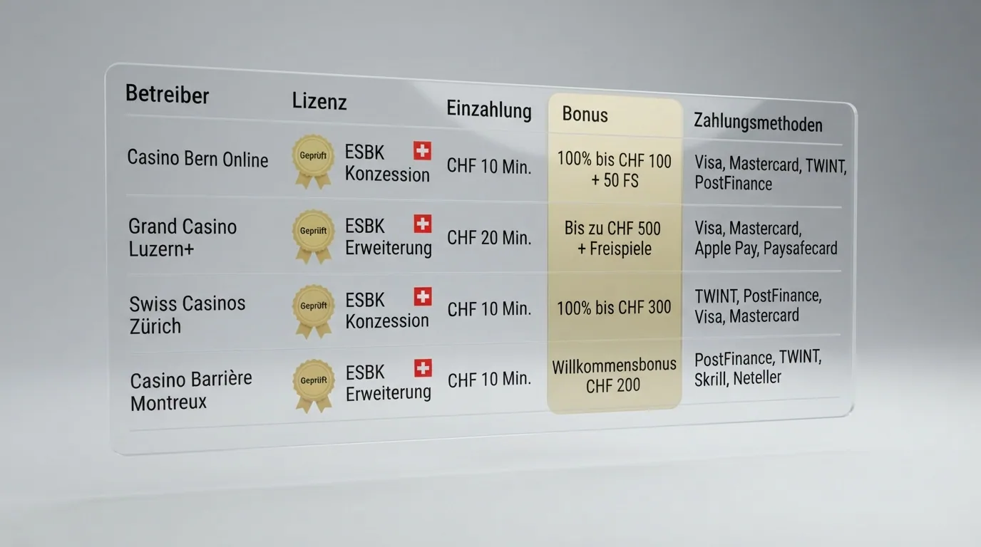 Eine übersichtliche Vergleichstabelle mit Casino-Logos, Schweizer Kreuz als Lizenzsymbol und farblich abgesetzten Bonus-Spalten