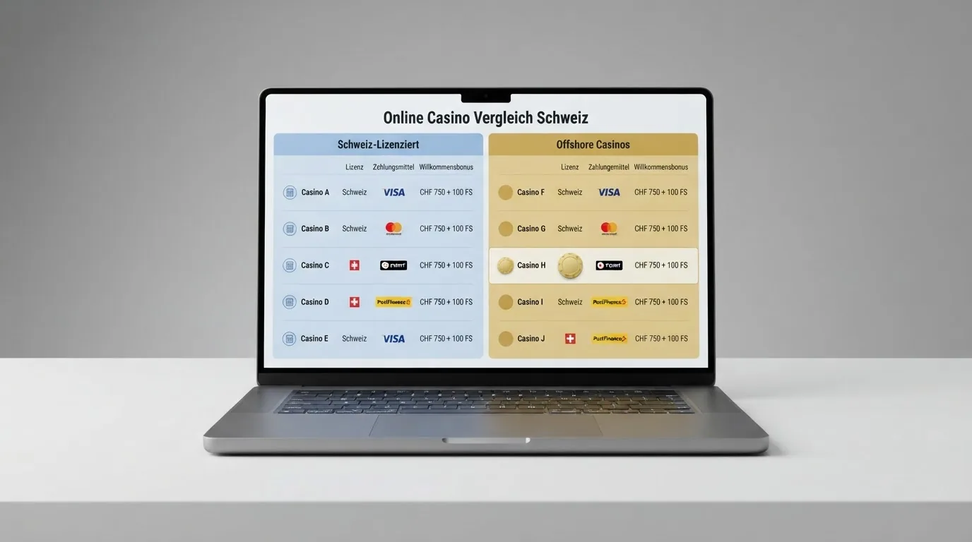 Vergleichstabelle mit Casino-Namensspalten und hervorgehobenem ETH-Symbol, geteilt in lizenzierte und offshore-Bereiche