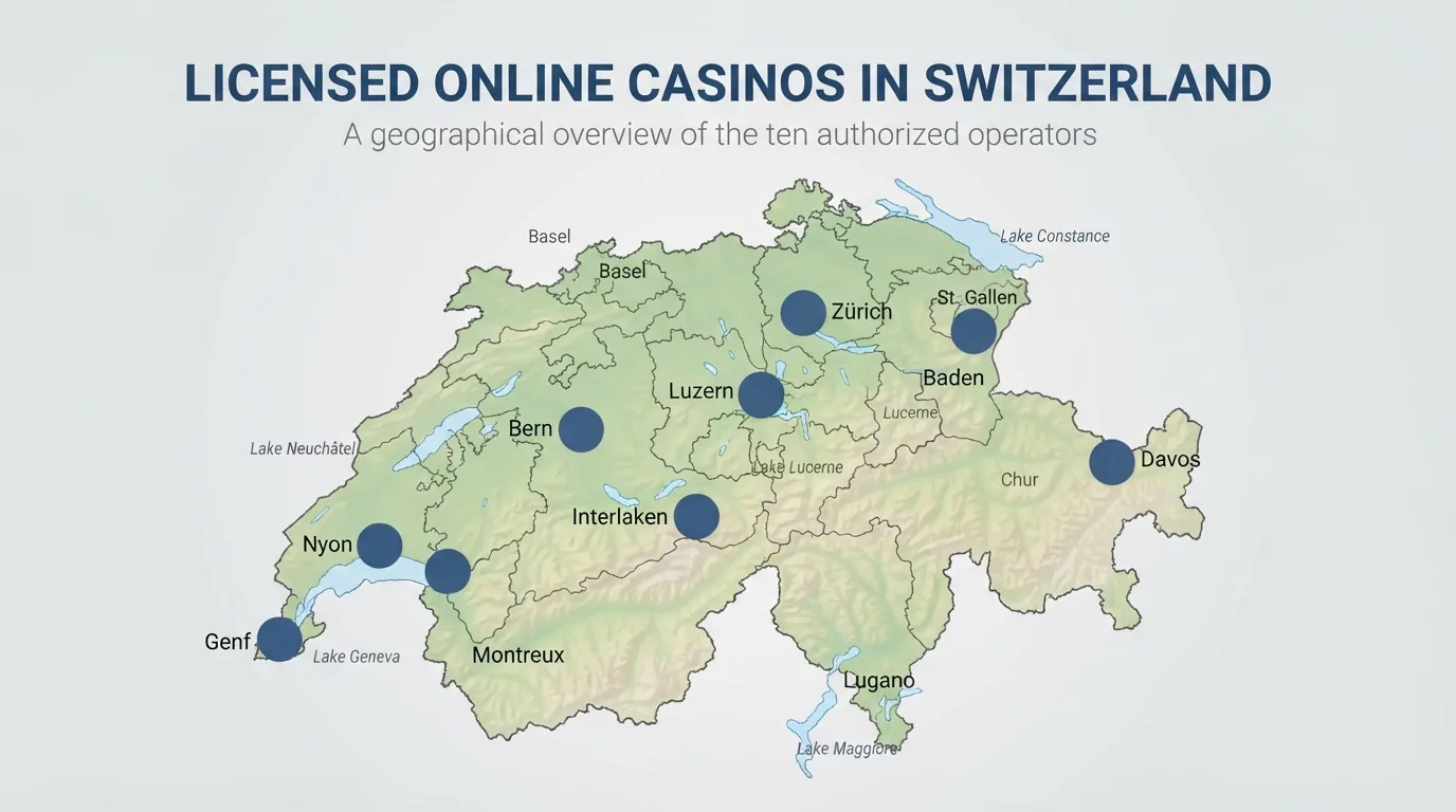 Zehn Casino-Logos nebeneinander auf einer Schweizer Landkarte, jedes an seinem lizenzierenden Standort verortet