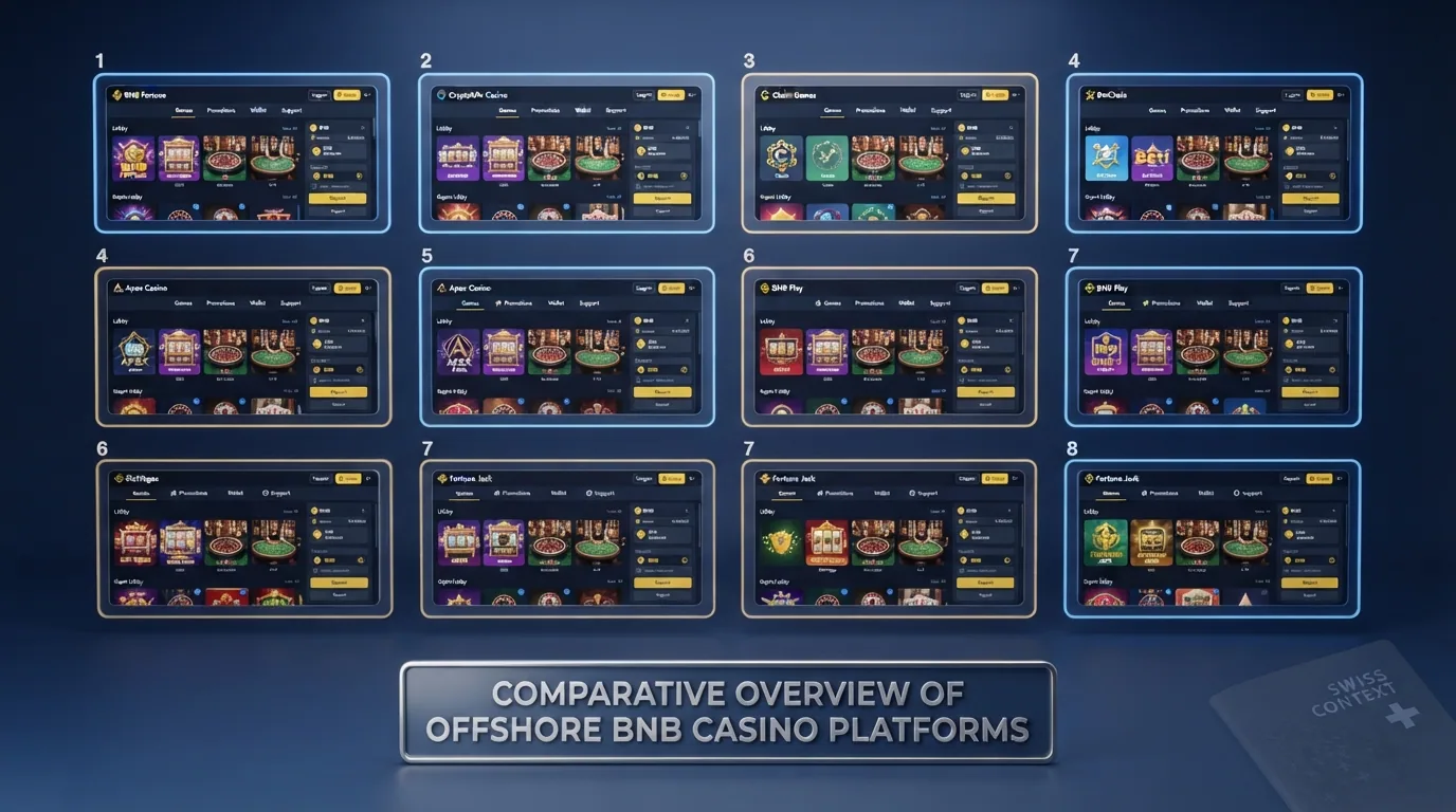 Eine vergleichende Übersicht mit acht Casino-Logos, sortiert nach Bewertungskriterien, vor einem Schweizer-Pass-Hintergrund.