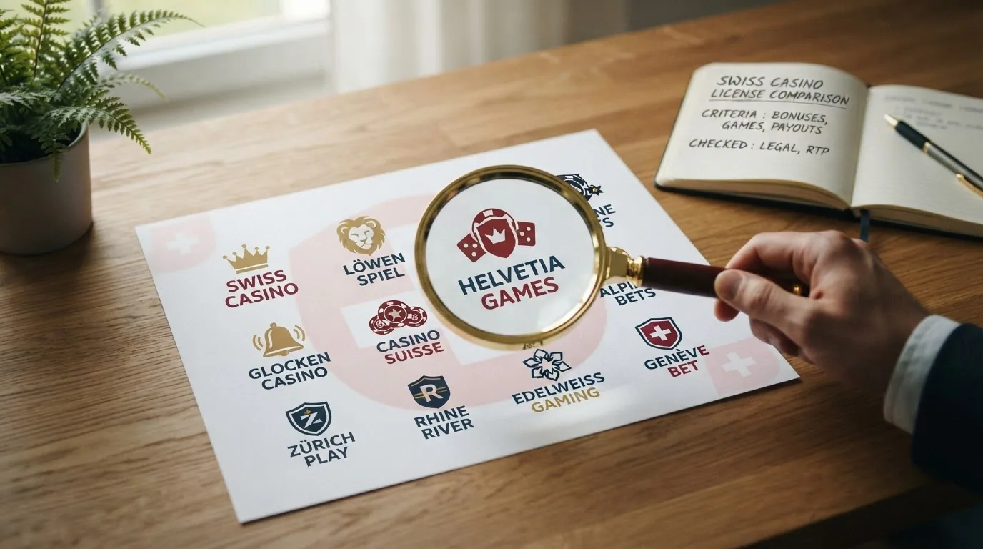 Zehn nebeneinander aufgereihte stilisierte Casino-Logos auf einem übersichtlichen Raster, unterlegt mit einem Schweizer-Kreuz-Muster in dezentem Rot