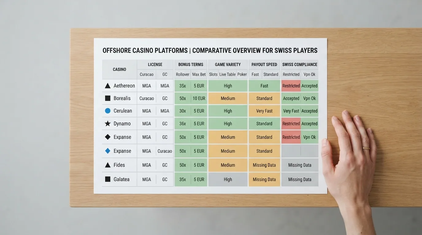 Eine übersichtliche Tabelle mit Casino-Logos in der linken Spalte und farblich abgestuften Vergleichswerten in den Spalten Bonus, Umsatz und USDC-Netzwerke