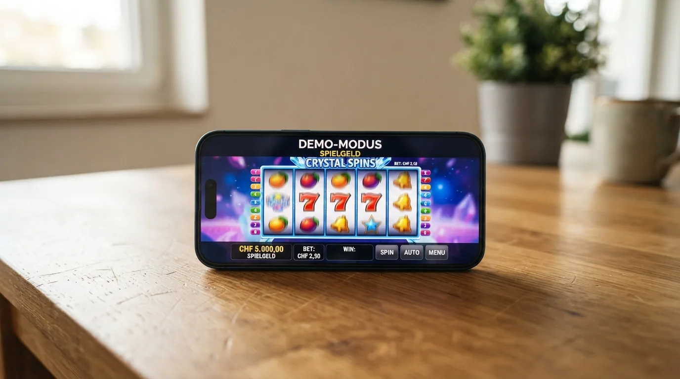 Bildschirm eines Casino-Slots im Demo-Modus mit Spielgeld-Anzeige und durchgestrichenem Echtgeld-Symbol