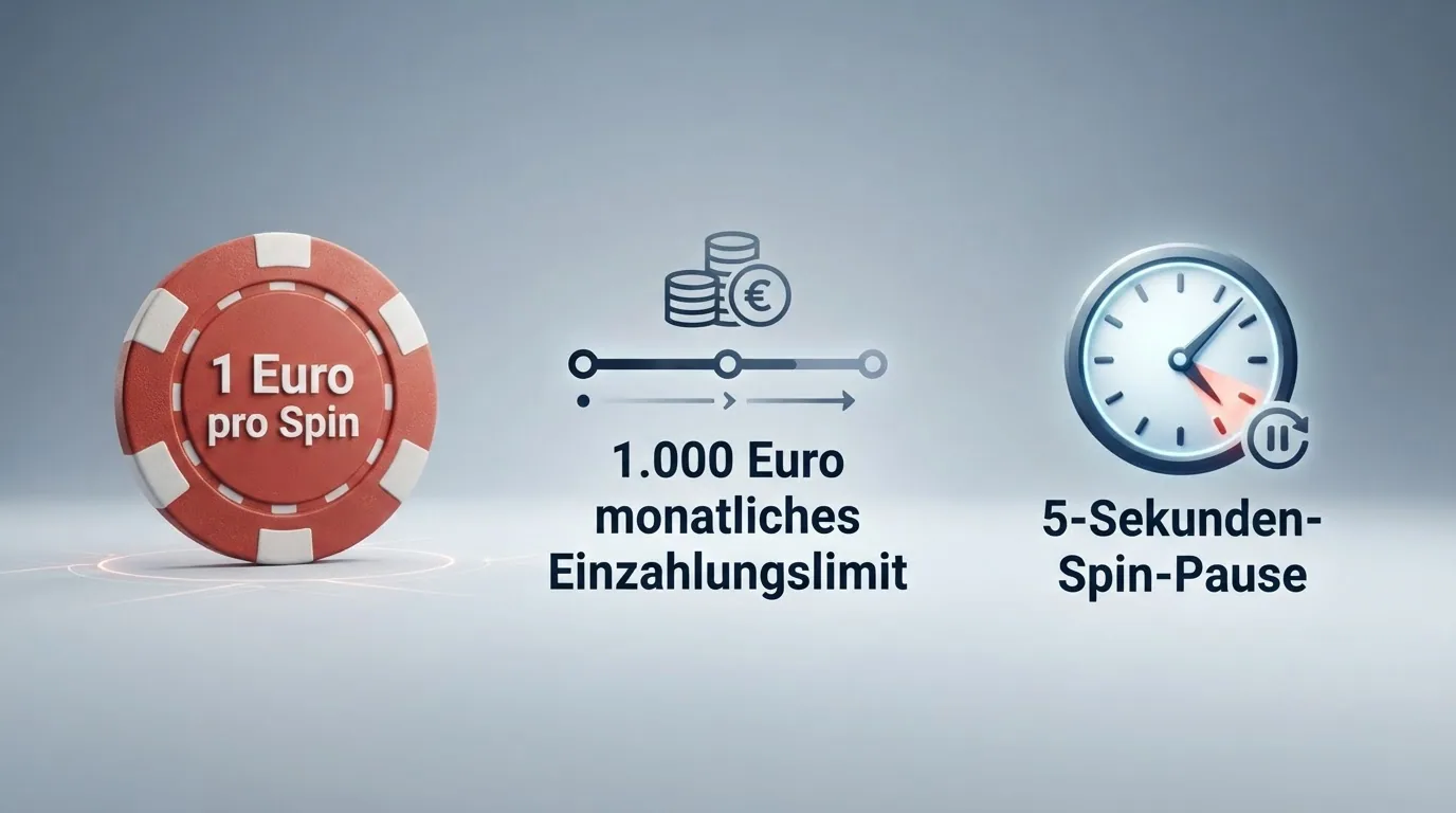 Eine Übersicht der drei Säulen des deutschen Einsatzlimits: €1 pro Spin, €1'000 monatliches Einzahlungslimit, 5-Sekunden-Spin-Pause — als Infografik