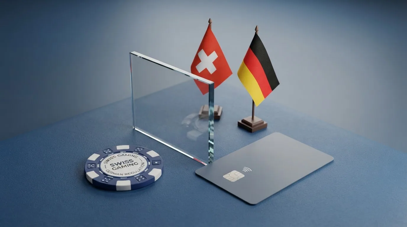 Eine 1-Euro-Münze neben einer durchgestrichenen Slot-Walze, im Hintergrund eine Schweizer und eine deutsche Flagge