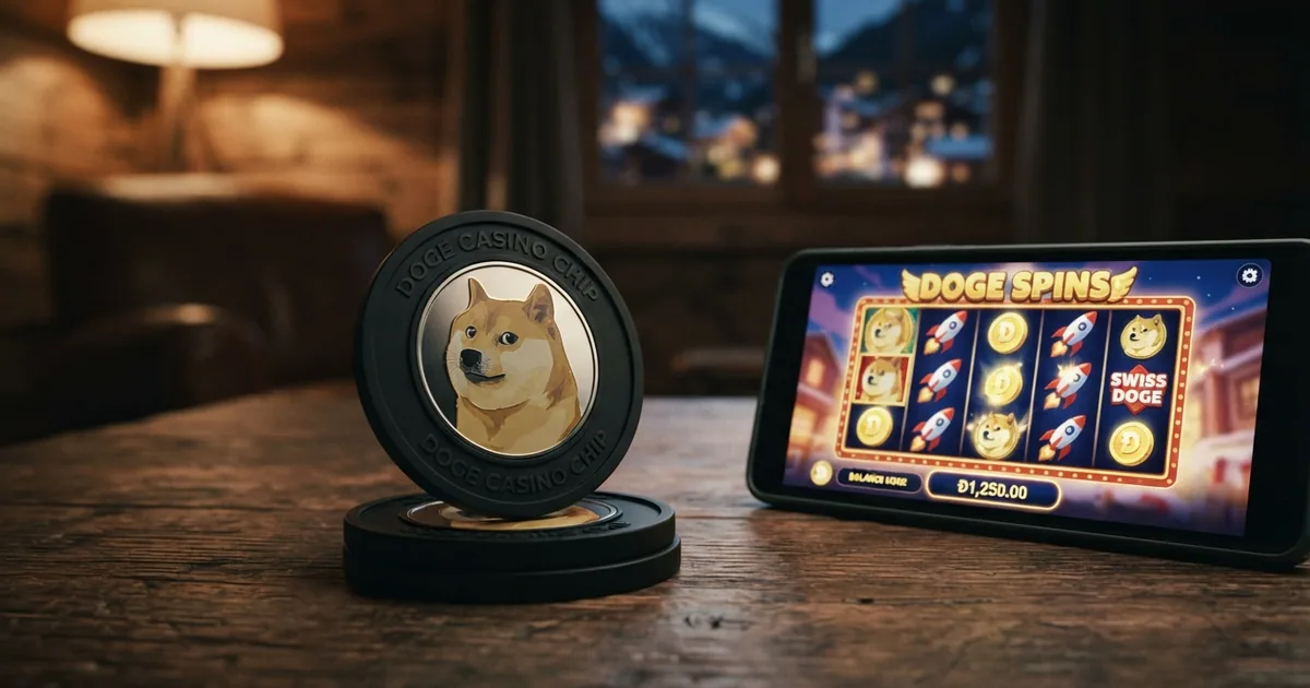 Nahaufnahme einer Dogecoin-Münze auf einer Casino-Chip-Oberfläche, daneben ein Smartphone mit geöffneter Casino-Website