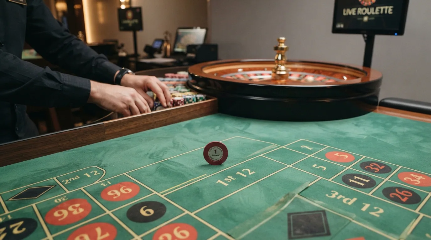 Roulette-Tisch mit einem CHF-1-Chip auf dem Tischlayout
