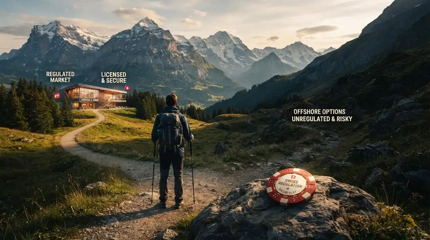 Eine Weggabelung in einer Schweizer Alpenlandschaft: Der eine Weg führt zu einem modernen, beleuchteten Gebäude (lizenziertes Casino), der andere in eine unbeleuchtete, unmarkierte Richtung (Offshore)