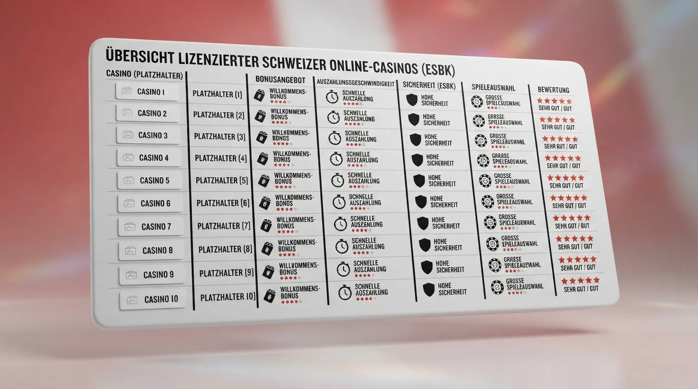 Uebersicht der zehn geprueften ESBK-lizenzierten Schweizer Online-Casinos mit Logos