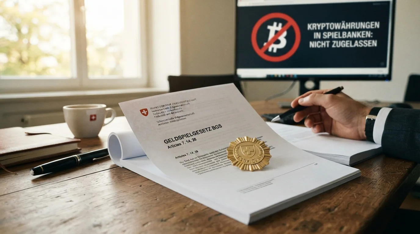 Das offizielle ESBK-Logo neben einem durchgestrichenen Bitcoin-Symbol auf einem Dokument mit dem Titel «Geldspielgesetz BGS»